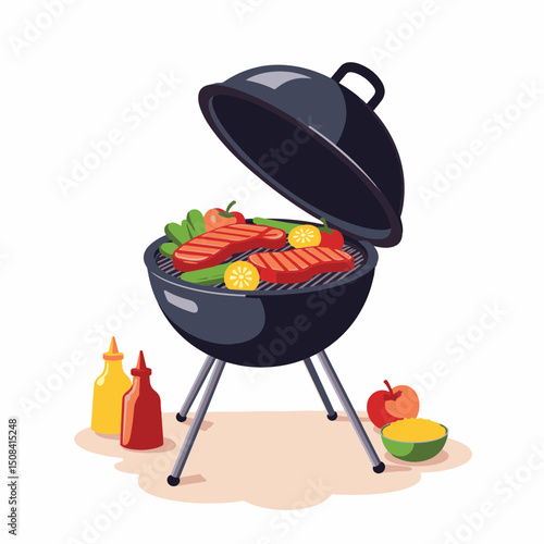 Charcoal barbecue grill with sizzling steaks and veggies, summer cookout