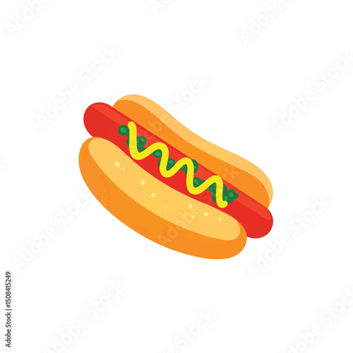 Classic hot dog with mustard and relish on white background, food illustration