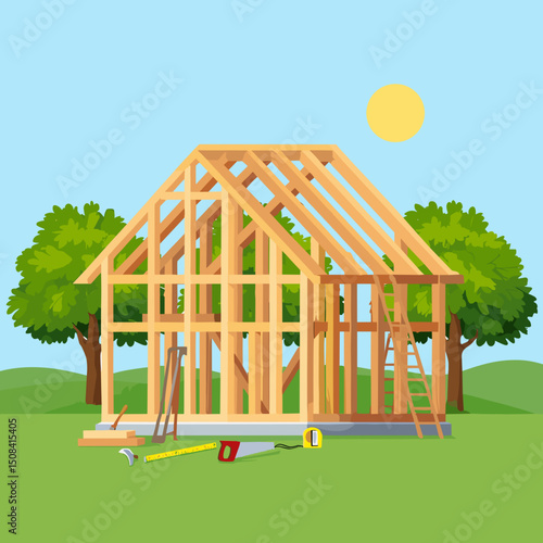 Wooden house frame under construction on sunny day outdoors