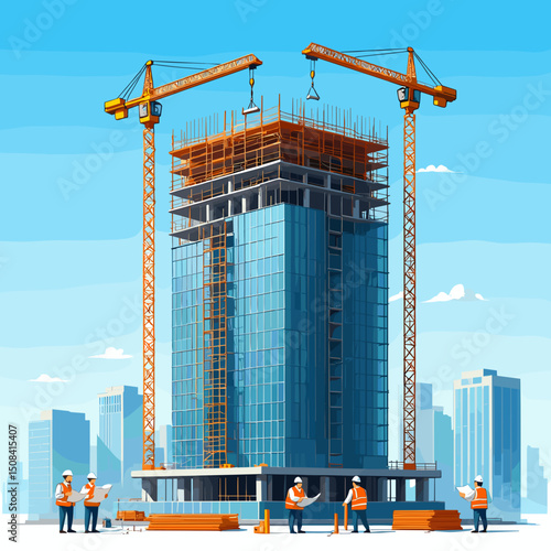 Skyscraper construction site with workers and cranes in city