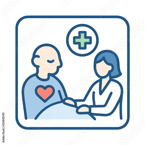 Nurse comforting cancer patient in hospital line art icon