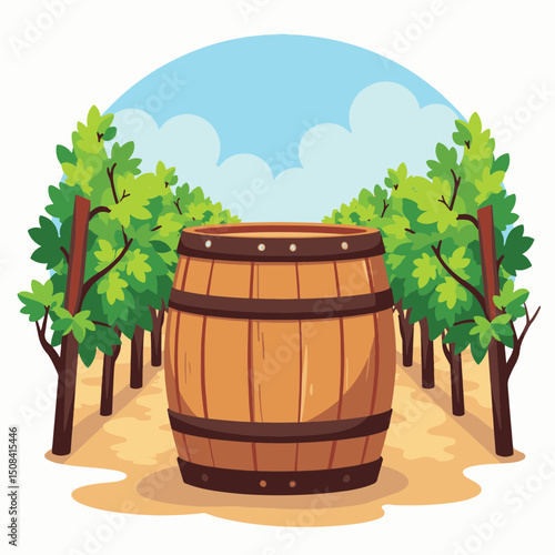 Classic wooden wine barrel in lush vineyard, rustic charm