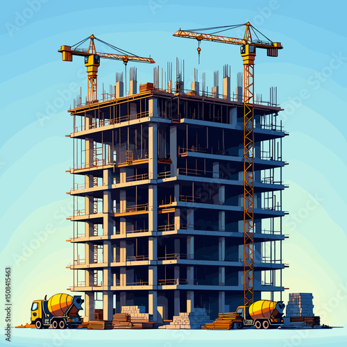 High-rise building under construction with cranes on clear sky