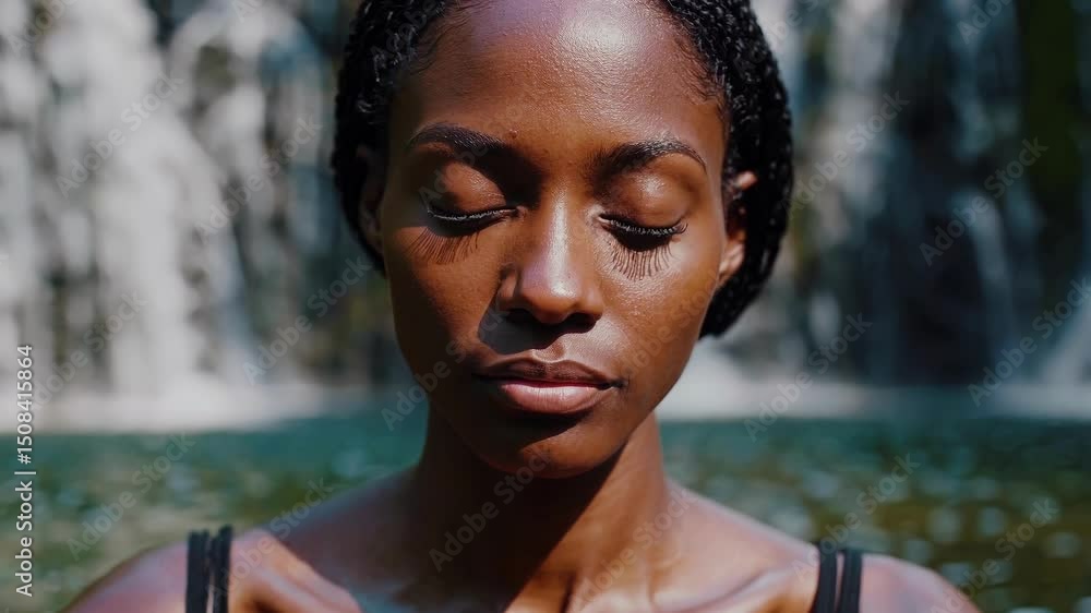 Mulher negra brasileira meditando na natureza com uma cachoeira ao fundo vídeo. Dia Mundial da Saúde Mental - Black woman meditating. Mental day