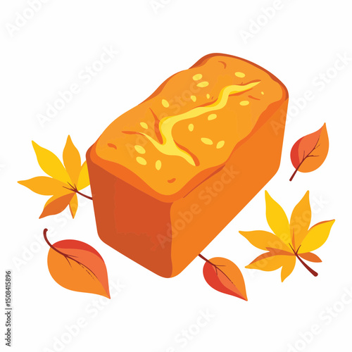 Freshly baked pumpkin bread loaf surrounded by autumn leaves, cozy warmth