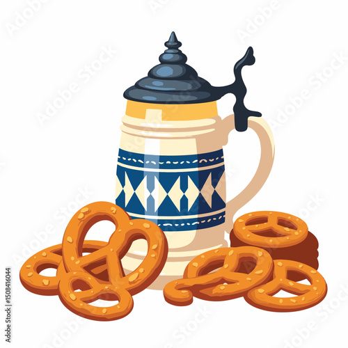 Oktoberfest beer stein with pretzels on white background, festive delight