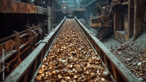 Inside a refinery, nickel ore undergoes processing as it moves along conveyors. The industrial machinery works efficiently to refine raw materials and extract valuable metals