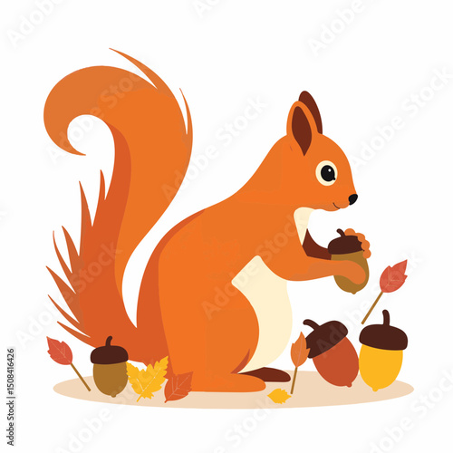 Playful squirrel gathering acorns in autumn setting, nature wonder