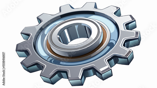 A realistic 3D metal cog gear is isolated on a clean white background with a precise clipping path. The shiny industrial design symbolizes mechanics, precision, technology, and engineering power.