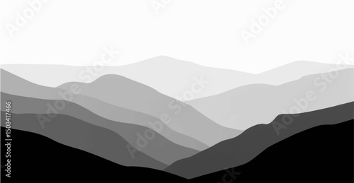Create a vector illustration of a minimalist grayscale mountain landscape. The image should have soft gradients and a layered effect to depict depth, with distant mountains appearing lighter and more.