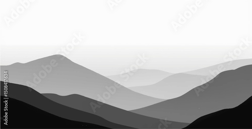 Create a vector illustration of a minimalist grayscale mountain landscape. The image should have soft gradients and a layered effect to depict depth, with distant mountains appearing lighter and more.