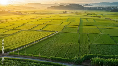 Aerial view of vast farmland with green crops divided into neat plots, symbolizing land leasing contracts and sustainable agriculture. Agricultural business concept.	