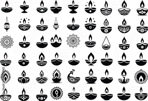 Diwali Diyas Silhouette Set – Festival of Lights Vector Icons Traditional Diya Silhouettes – Indian Diwali Celebration Graphic Set