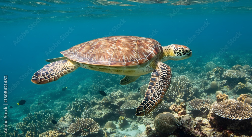 Fototapeta premium Majestic Green Sea Turtle Gracefully Navigating Vibrant Coral Reef