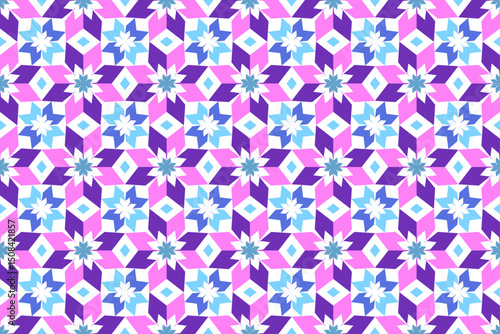 Colorful geometric seamless pattern in pink, blue, and purple tones. Inspired by Islamic mosaic designs, ideal for textile, wallpaper, packaging, or digital backgrounds.
