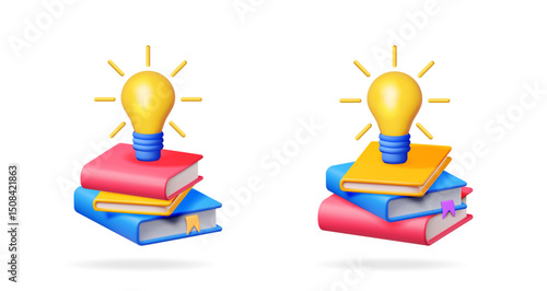 Stack of colorful books with a glowing light bulb on top, symbolizing knowledge, innovation, and learning concept.