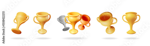 3d vector set collection of various gold, silver, and bronze trophy cups. Cartoon style award for victory. Concept of achievement and winning.