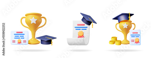 3d vector set with gold trophy, graduation cap, diploma, coin for education, success, career growth, university academic achievement.
