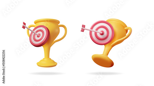 Gold trophy cup with target and arrow hitting bullseye. Victory and achievement concept for success business goal.