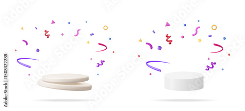 Product display stands 3d vector set collection with abstract colorful shapes and confetti explosion on white background.