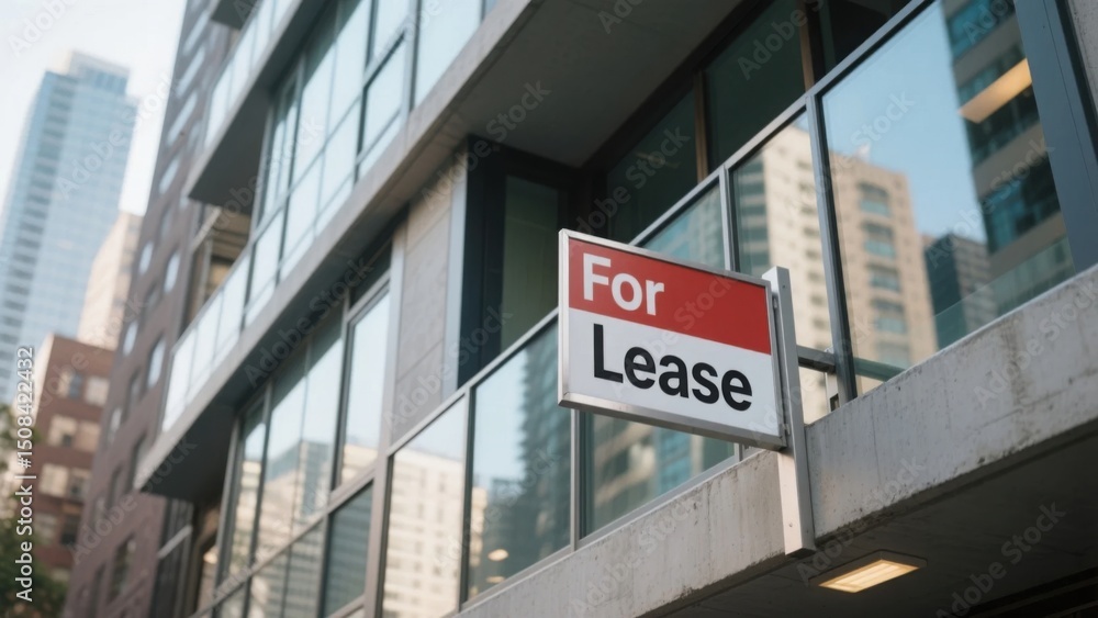 Naklejka premium Modern apartment building with for lease sign in focus, urban real estate rental property and commercial space vacancy concept.