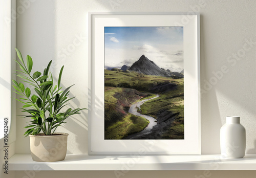 White Frame On A Shelf With Sunlight Mockup