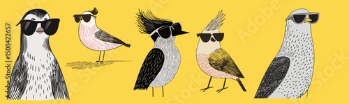 illustration set of cool summer birds wearing sunglasses