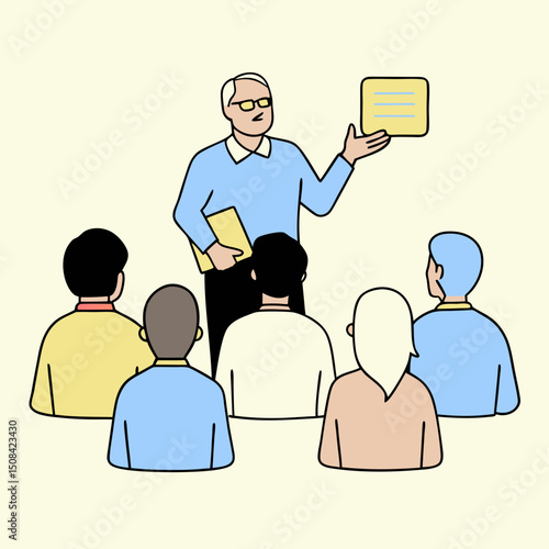 Elderly man giving presentation to group of older adults in educational setting