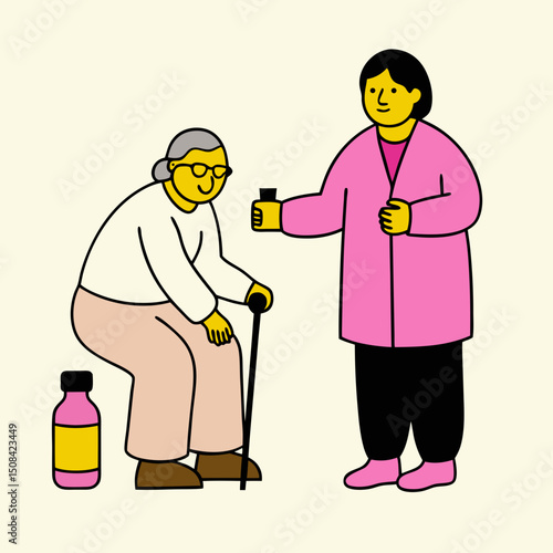 Elderly woman sitting with cane and younger woman offering medicine in a caring environment