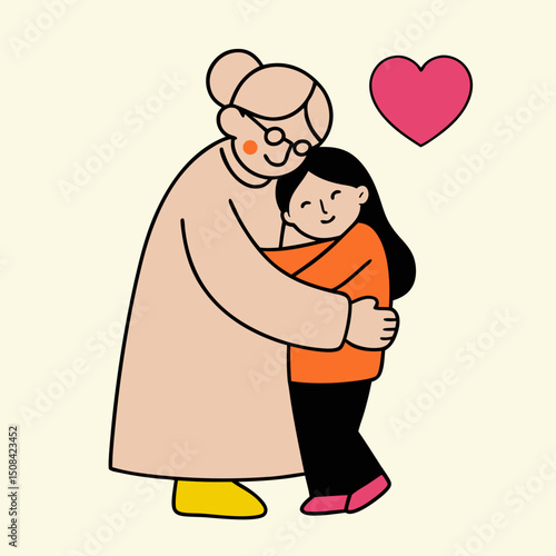 Grandmother hugging granddaughter with heart symbol showing love and family bond
