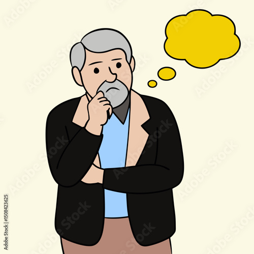 An elderly man with gray hair and beard is thoughtfully holding his chin, with a yellow thought bubble above his head. The illustration symbolizes reflection, contemplation, and senior cognitive activ