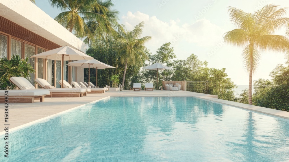 Fototapeta premium Luxurious Poolside Villa Relaxation Tropical Getaway with Stunning Ocean Views
