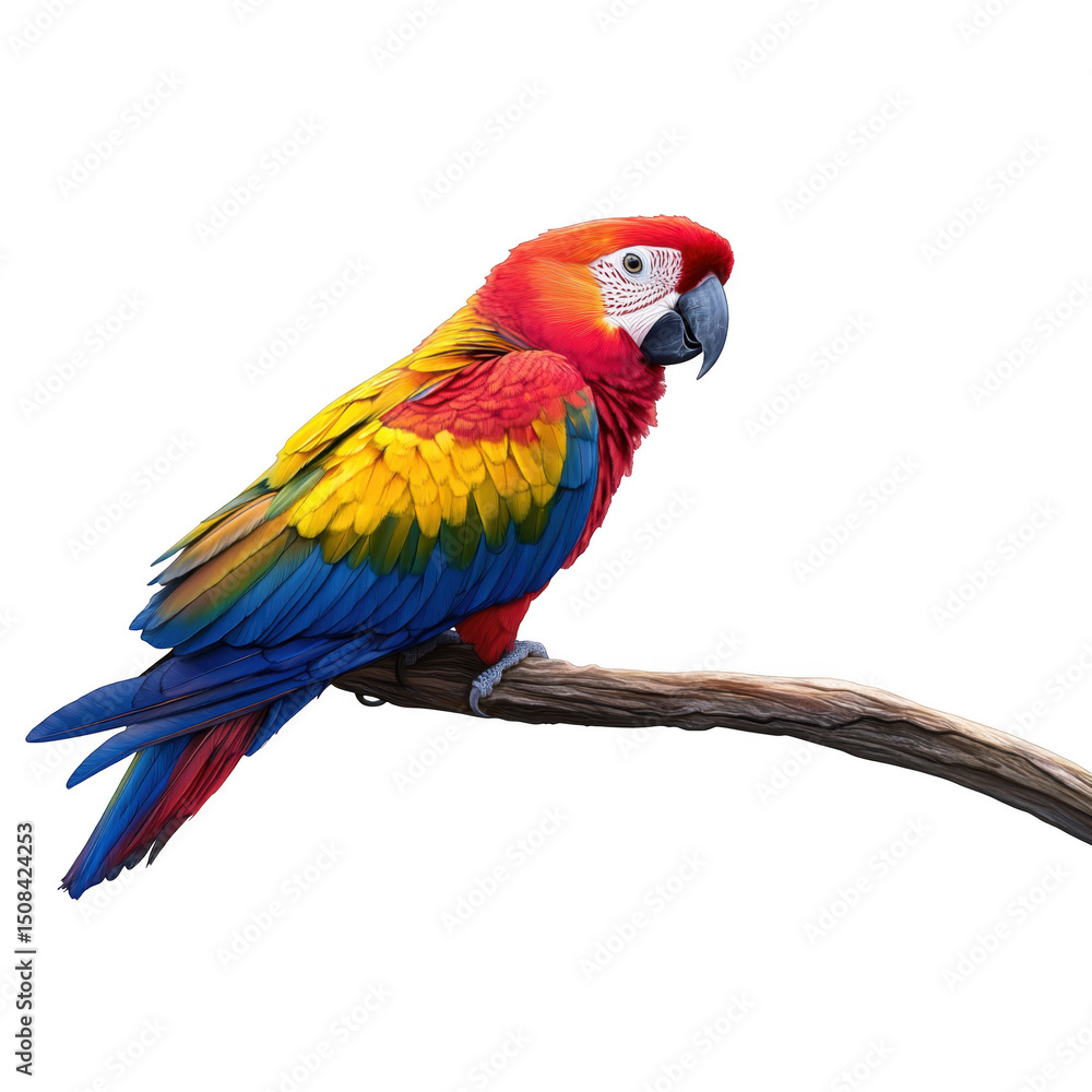 Colorful macaw parrot perched on branch isolated on transparent background Colorful macaw parrot perched on branch isolated on transparent background