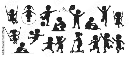 Children playing outdoors with toys, swings and sports equipment, vector illustration set. Group of active boys and girls in silhouette engaging in fun recreational activities.