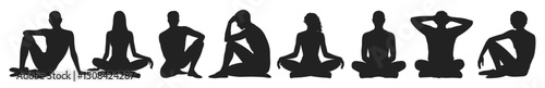 Group of people in various seated meditation and relaxation poses, vector illustration set. Diverse male and female silhouettes sitting cross-legged or with knees raised in contemplative postures.