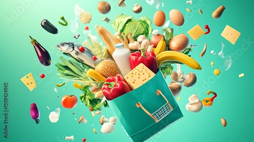 Grocery shopping spree with fresh produce and dairy products.