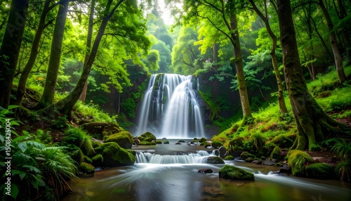 Serene Waterfall in Lush Green Forest with 'Be Wild' Text Overlay.