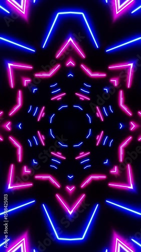 Horizontal glowing lines move in space. Vertical looped Kaleidoscope video