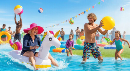 Cool and funny image of a joyful family enjoying at a beach waterpark , playing with beach balls, water guns, and colorful inflatables. Perfect for advertising vacations, summer travel, outdoor fun