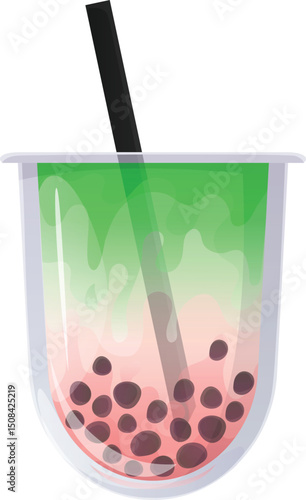 Matcha bubble tea with strawberries. Matcha latte with tapioca pearls.