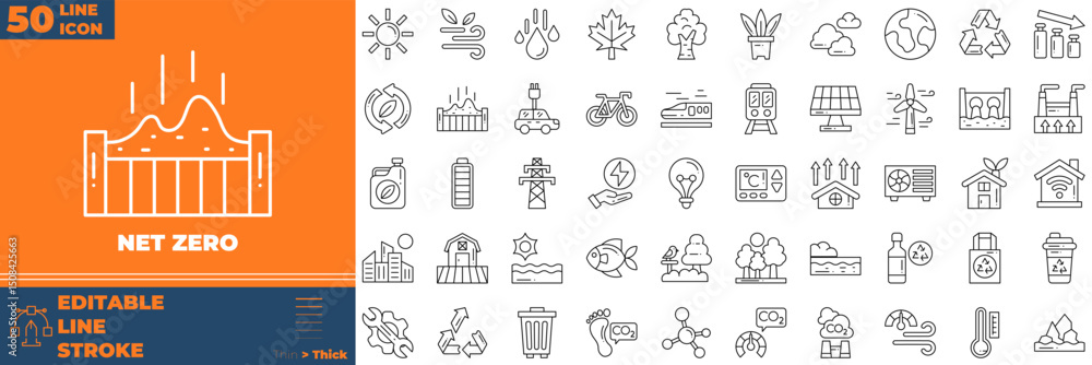 Naklejka premium Net Zero Line Editable Icons set. Vector illustration in modern thin line style of net zero icons: earth, carbon, neautral, etc
