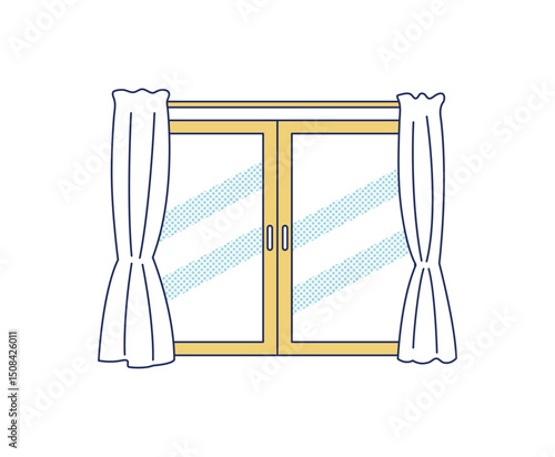 両開きのカーテンのある窓のカラーイラスト
