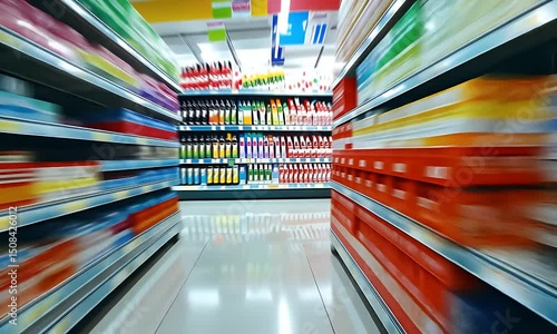 Supermarket Aisle View with Stacked Shelves and Shiny Tiled Floor Creating a Blurred Motion Effect