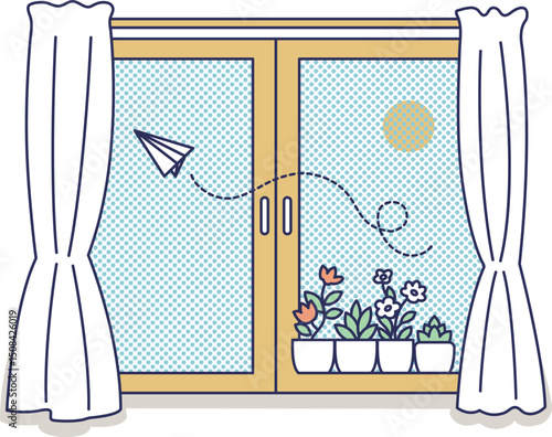 窓辺に観葉植物が飾られた窓のカラーイラスト
