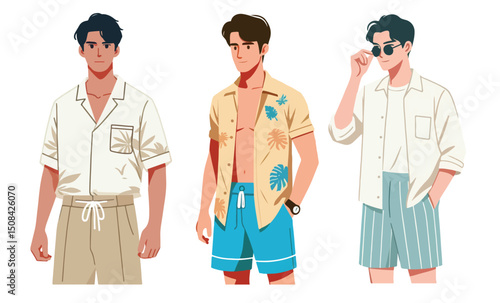 Illustration of fashionable men wearing beach clothes, vector set