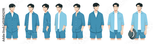 Illustration of a young man wearing summer clothes, vector set