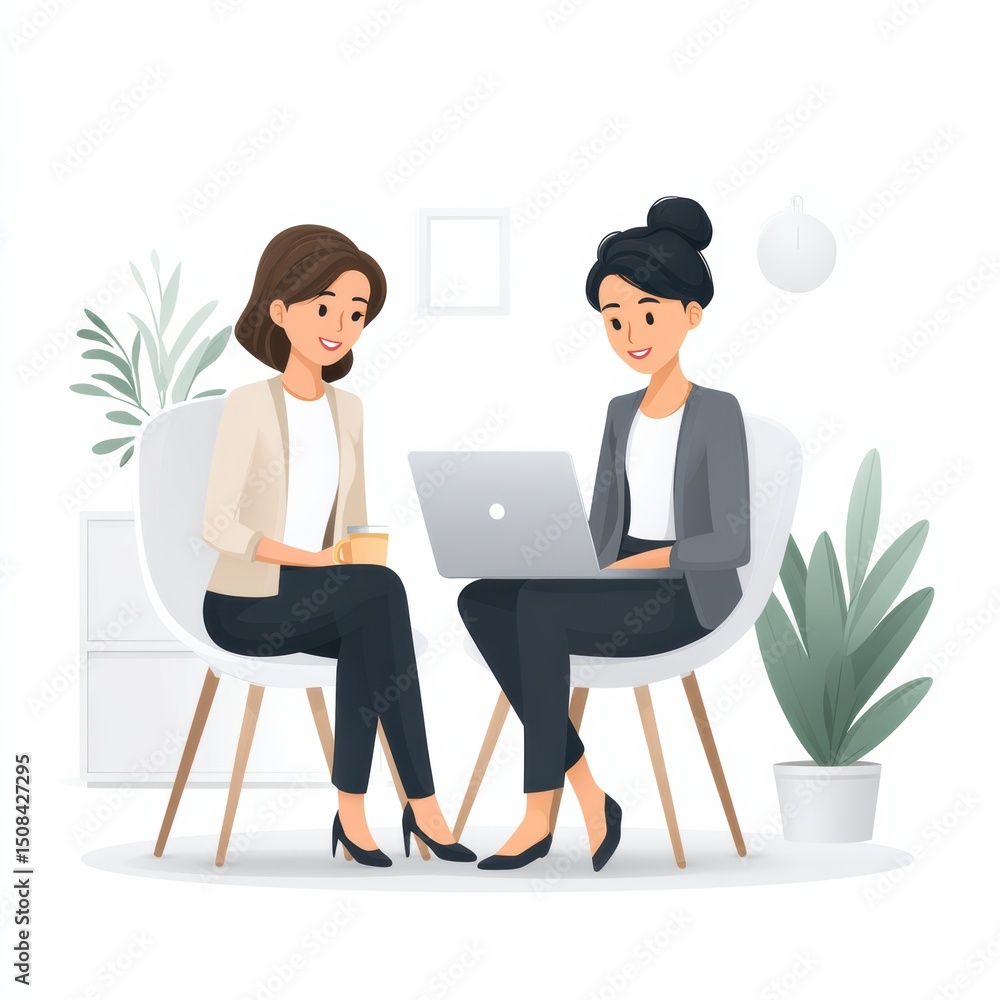 Obraz premium Two women sit in chairs having a business discussion, one using a laptop, surrounded by plants in a modern, minimalistic office.