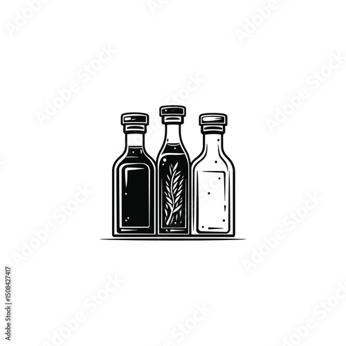 Three stylized bottle vectors show fluid and leaves on white transparent background