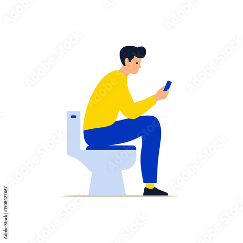Man Sitting on Toilet Using Smartphone Illustration, Vector illustration of a man sitting on a toilet while using his phone, symbolizing modern habits, relaxation, or multitasking.

