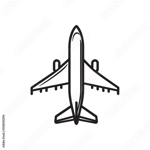 Top view displays simplistic airplane icon featuring black line art on transparent backdrop